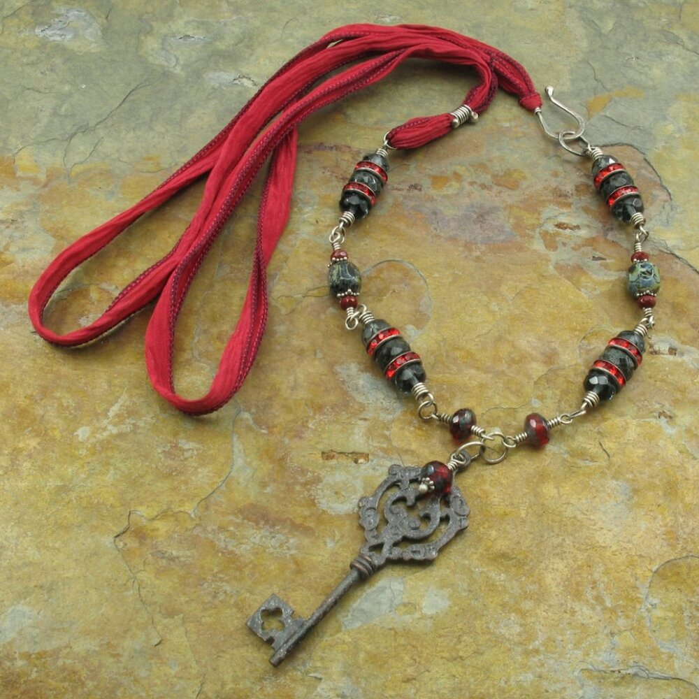Handmade Hand Crafted Pewter Skeleton Key Red Silk Ribbon Statement Neck…